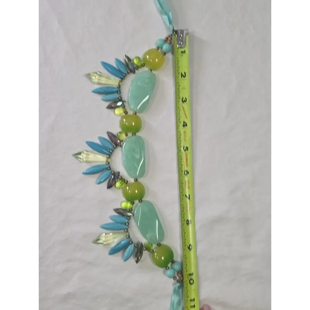 Vibrant Colorful Statement Necklace Green Blue Turquoise Stones Ribbon Closure